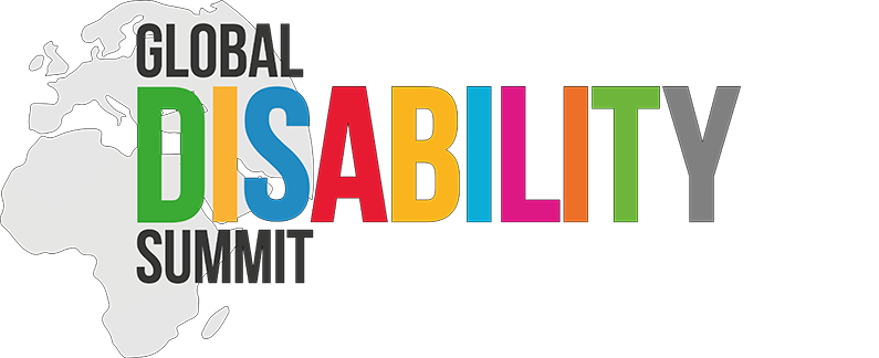Global Disability Summit Logo rainbow text over grey map of the world.
