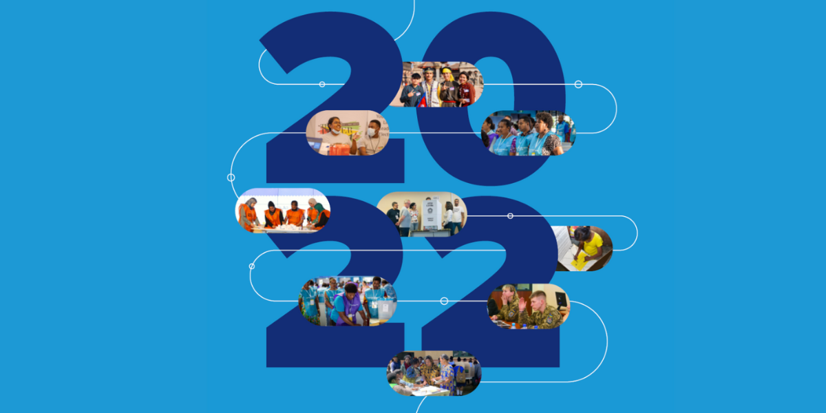 2022 on blue background with photos from IFES partners and programs around the world