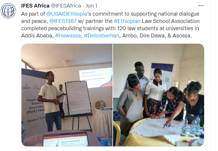 As part of @USAIDEthiopia's commitment to supporting national dialogue and peace, @IFES1987 w/ partner the #Ethiopian Law School Association completed peacebuilding trainings with 120 law students at universities in Addis Ababa, #Hawassa, #Debreberhan, Ambo, Dire Dawa, & Asossa.