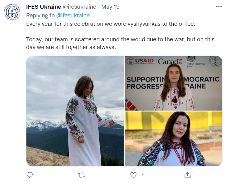 IFES Ukraine@ifesukraine·May 19Replying to @ifesukraineEvery year for this celebration we wore vyshyvankas to the office. Today, our team is scattered around the world due to the war, but on this day we are still together as always.