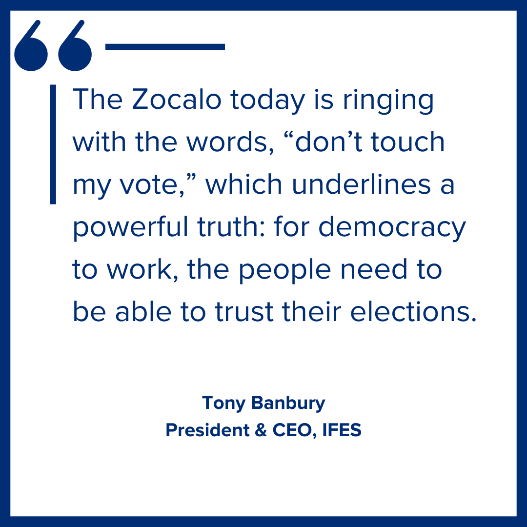 The Zocalo today is ringing with the words, “don’t touch my vote,” which underlines a powerful truth: for democracy to work, the people need to be able to trust their elections. 3/3