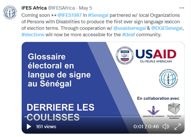 Coming soon 👀 @IFES1987 in #Senegal partnered w/ local Organizations of Persons with Disabilities to produce the first ever sign language lexicon of election terms. Through cooperation w/ @usaidsenegal & @DGESenegal , #elections will now be more accessible for the #deaf community.